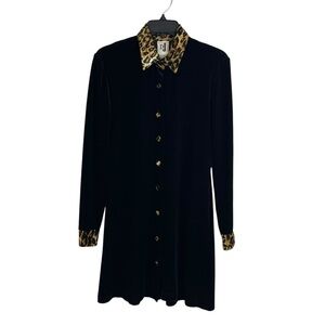 DJ Int’l Womens Velvet Dress Black Leopard Knee Length Button Front 7/8 Vintage